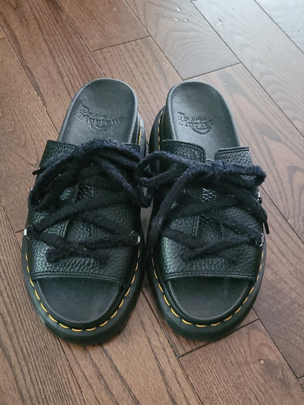 Dr. Martens Black Leather Lace-Up Slide Sandals with Yellow Stitching Women's 6